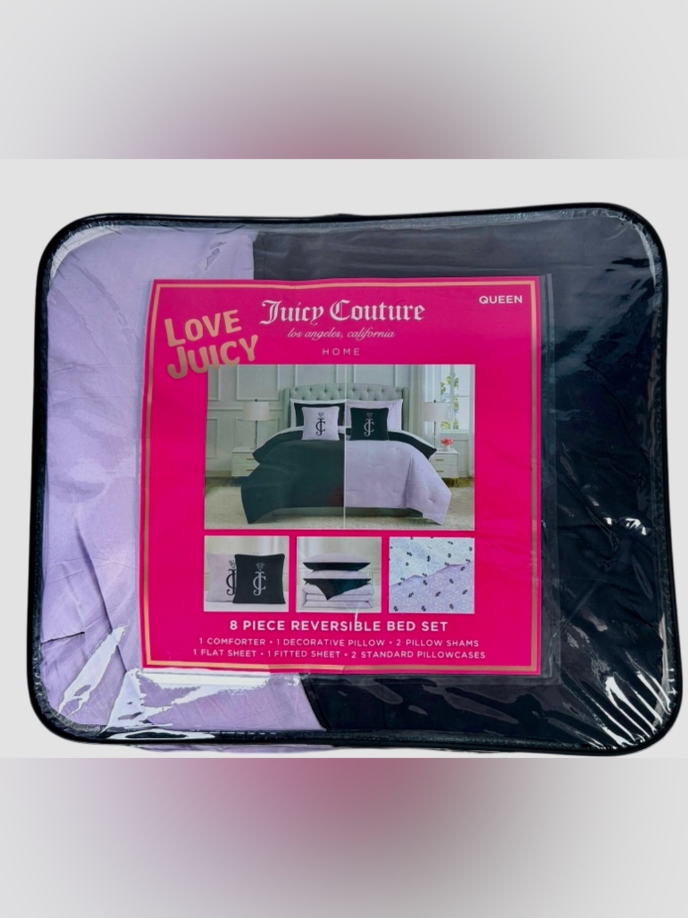 Juicy Couture Queen Reversible Bedding Set 8 Piece Comforter Sheet Set Glam - Picture 2 of 9